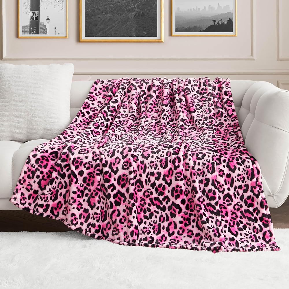 60" x 90" Oversized Plush Throw Blanket, Leopard Pink Designer Bed Blanket